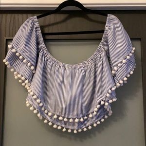 Blue white stripe ruffle sleeve crop top
